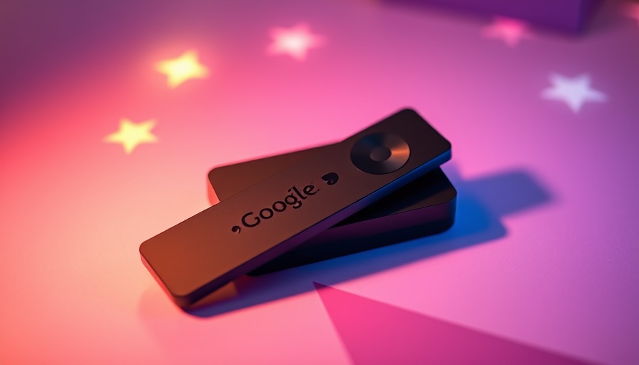 Sleek Google TV 4K streamer on vibrant geometric background.