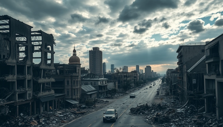 Cost of natural disasters illustrated by a shattered urban landscape.