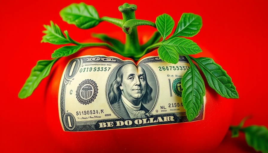 Conceptual image of tomato prices may go up, dollar bill tomato shape.