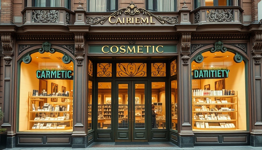 Victorian-style storefront with cosmetics display in an elegant facade.