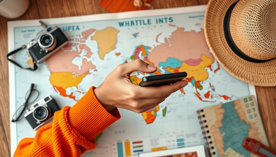 Packing essentials for digital nomads: phone, map, camera, hat.