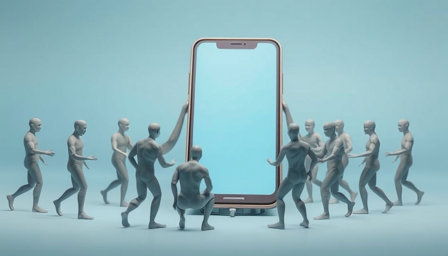 Figurative sculptures engaging with giant smartphone, symbolizing healthcare apps.