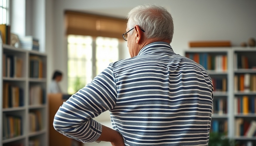 Older man in pain, holding back indoors, stopping pain before it turns chronic.