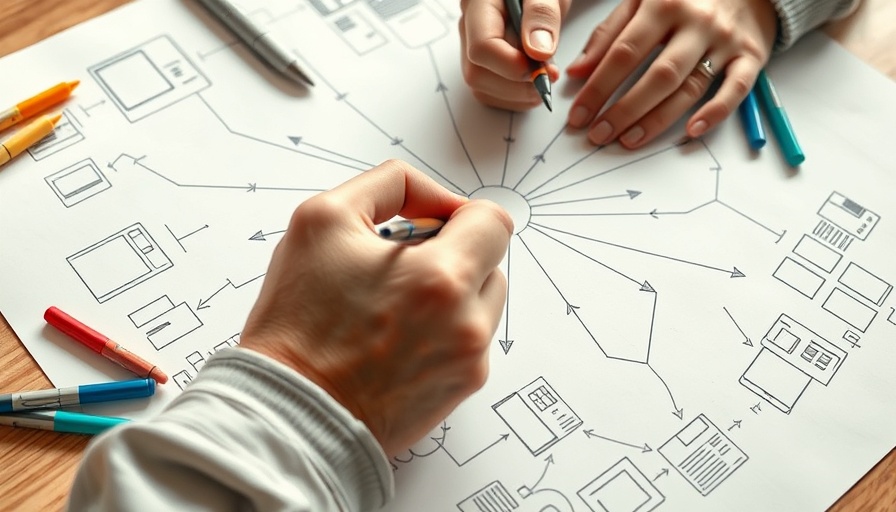 Hands sketching non-linear web design layout with arrows.