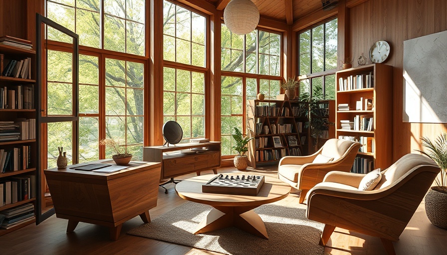 Elegant ergonomic workspace design with wooden furniture and large windows.
