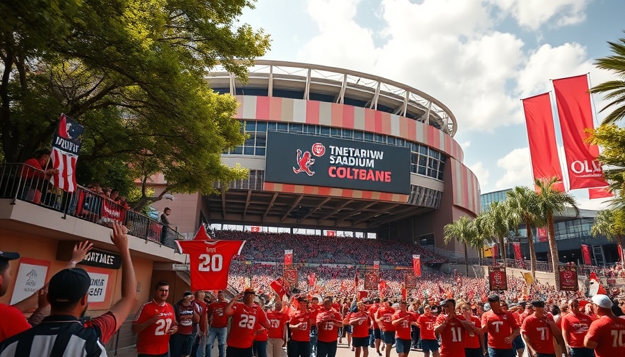 Excited fans arriving at a vibrant stadium entrance.