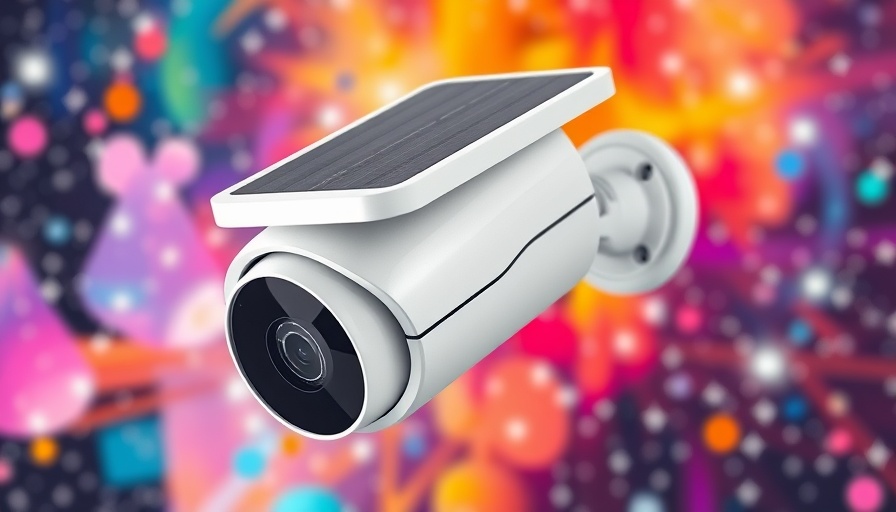 Futuristic solar-powered security camera on colorful background.