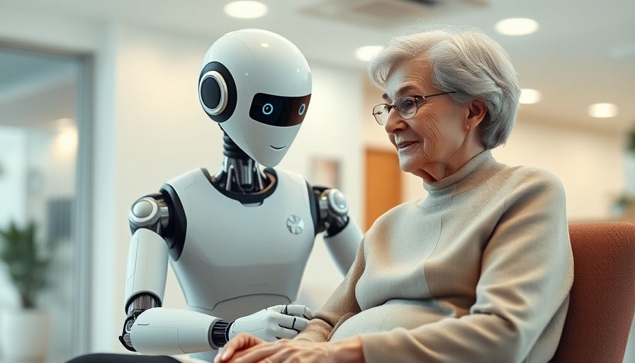 AI social companions in healthcare: robot assisting elderly woman.