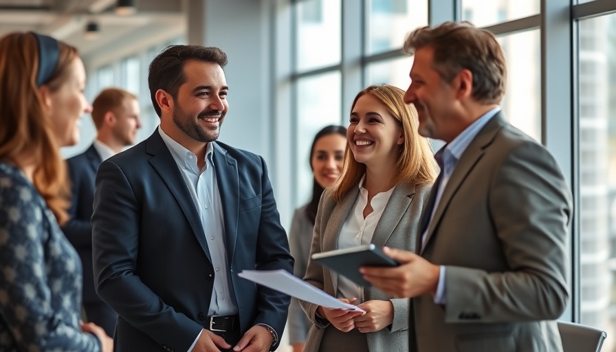Franchise employees collaborating in sunlit office.