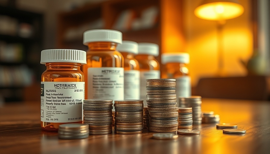 Pharmaceutical costs and revenue visualized through coins and medicine bottles.