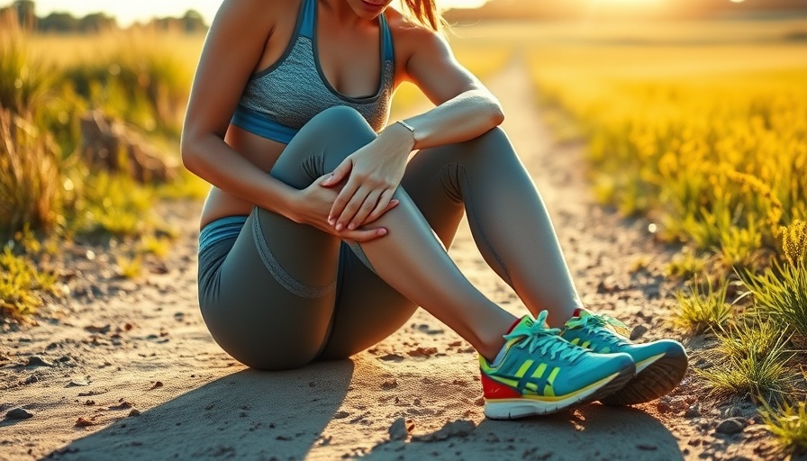 Young woman with knee injury sitting on a trail, bright sunlight.