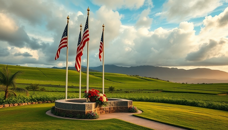 Flags and memorials in lush Hawaiian landscape, Hawaiian food culture tribute.