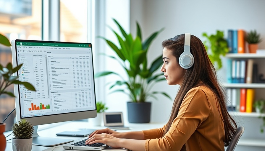 Young woman using Excel shortcuts in a vibrant office setup.