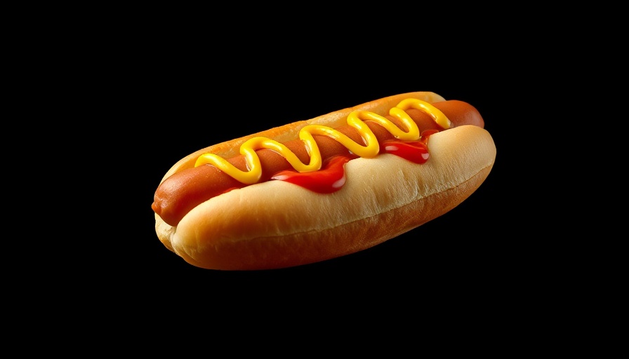 Hot dog with mustard and ketchup on a black background.