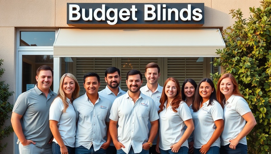 Group photo in front of 'Budget Blinds' store, showcasing team spirit and collaboration, linked to generational wealth through franchising.