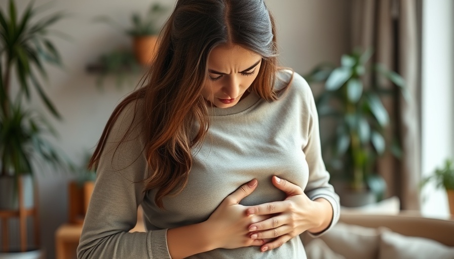 Concerned young woman holding stomach, promoting stomach health awareness.