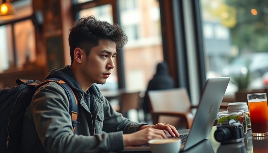 Digital nomad focusing on stomach health in cafe setting.