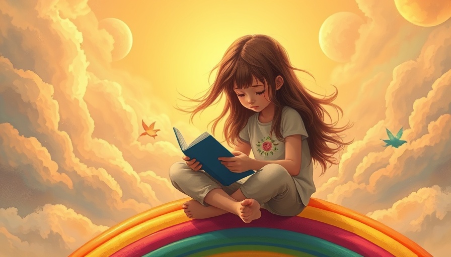Peaceful girl writing on a rainbow in a whimsical sky, transformed my life with two simple lists.