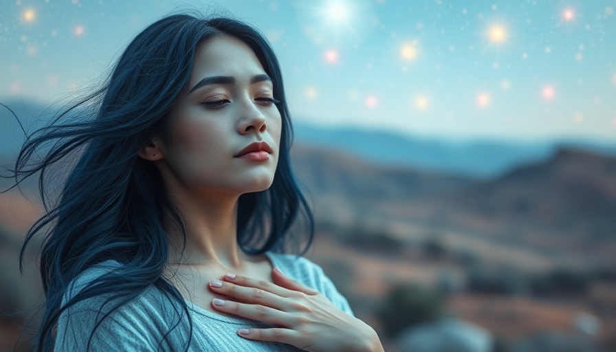 Woman with dark blue hair in colorful landscape, hand on chest, serene.