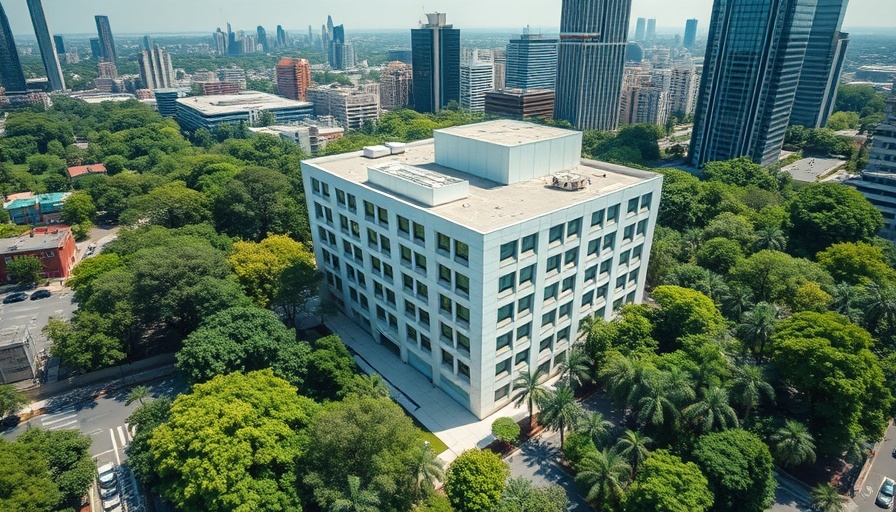 Modern hospital for robotic brain surgery for pediatric epilepsy, surrounded by cityscape.