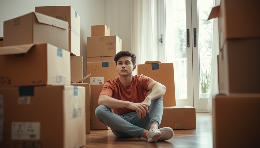 Reflective young man sitting with moving boxes, symbolizing mental health impact of life transitions.