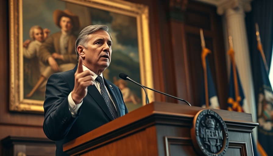 Leader speaking at podium, assertive gesture, historical room