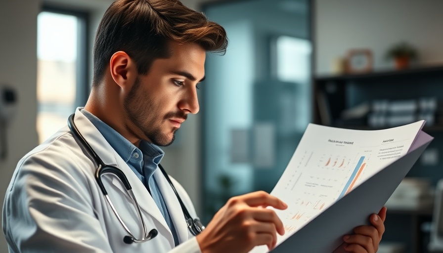Focused young doctor reviewing patient's health in modern office.
