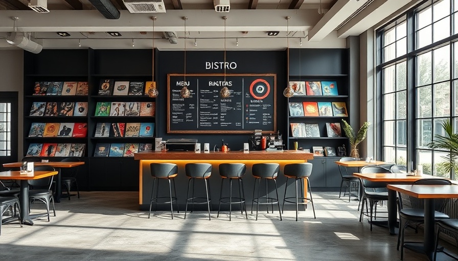 Modern ergonomic workspace in bistro with vinyl and menu board.