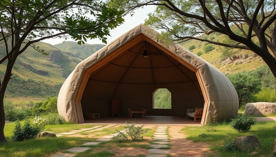 Rammed-earth shelter with thatched roof in a natural grassy landscape.