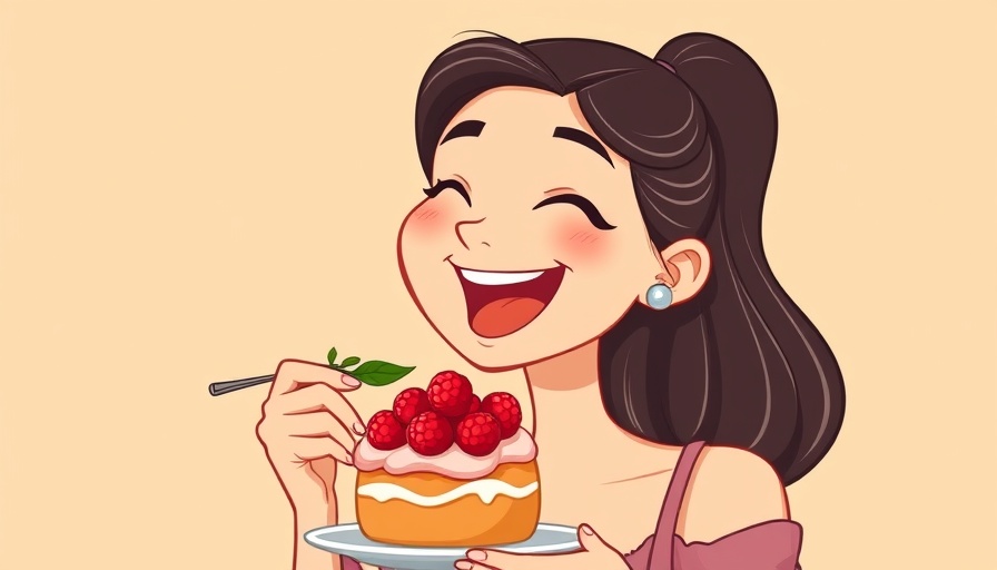 Cheerful woman enjoying dessert, cartoon style, travel food delight