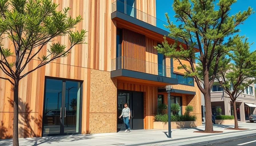 Modern eco-friendly building entrance in urban setting.
