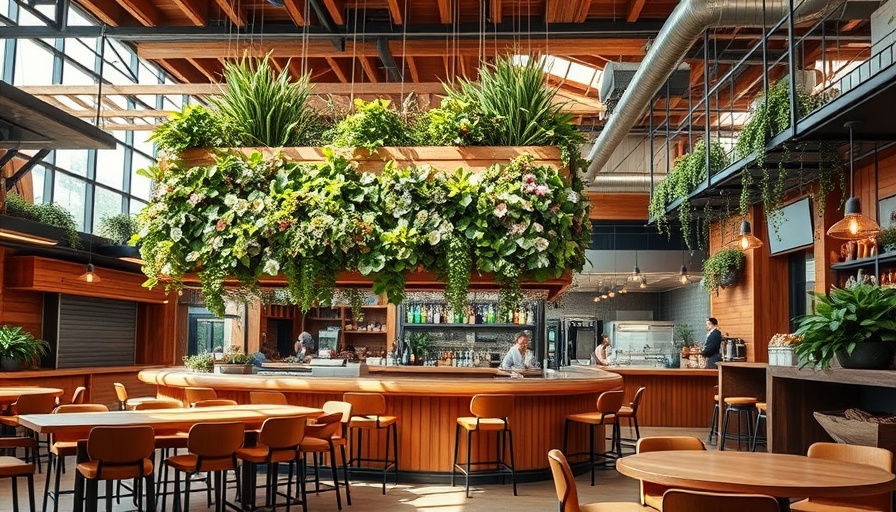 Modern ergonomic food hall with stylish bar seating