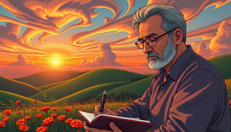 Calm man writing in nature, Planning Without Panic scene, vibrant colors.