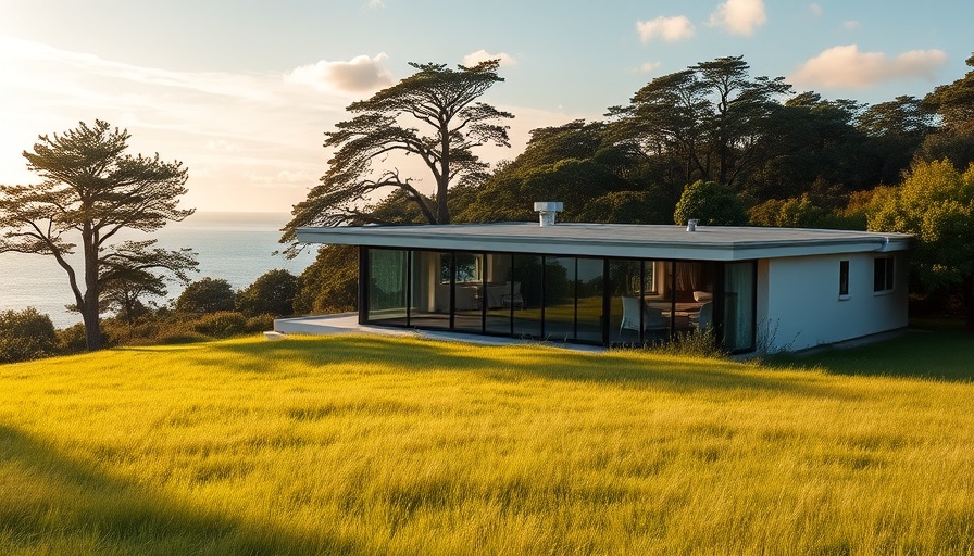 Modern coastal house design with expansive windows in lush greenery.