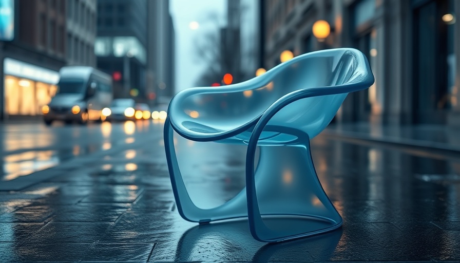 3D printed Ruffini chair on wet street with city lights.