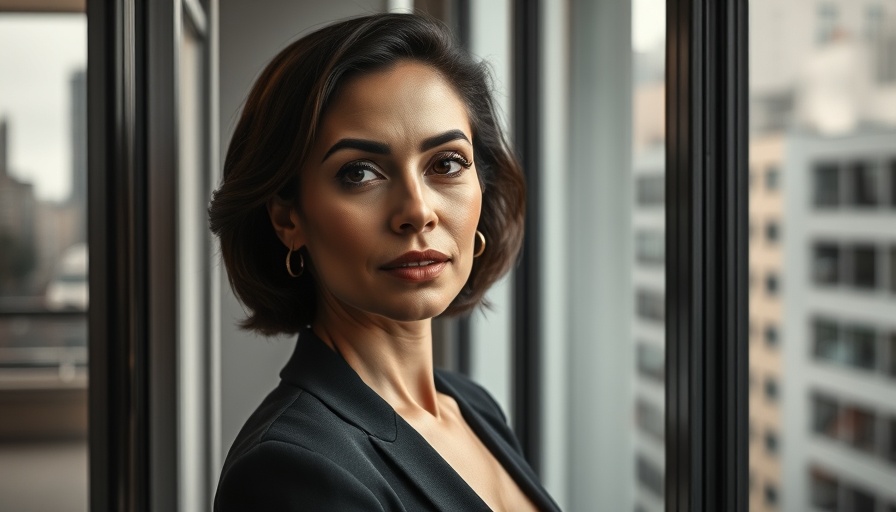 Wellness franchise success, stylish woman confidently by a window