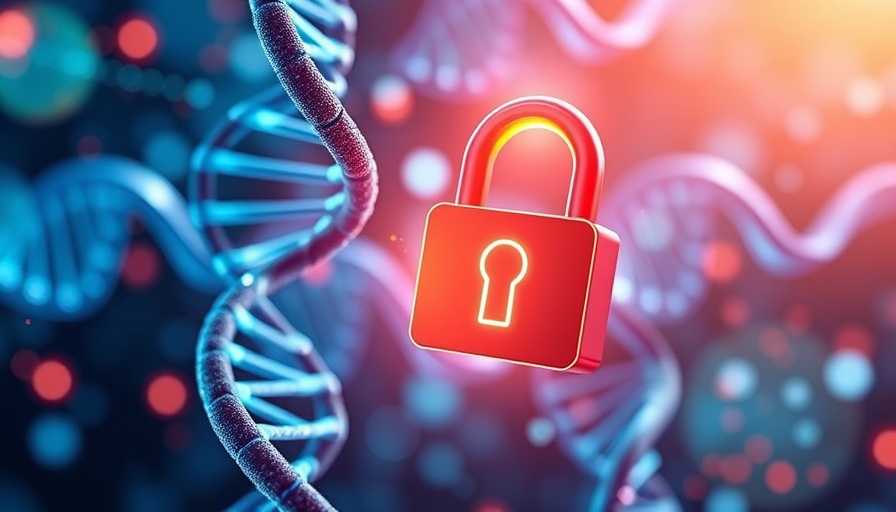 Symbolic DNA helix with lock representing privacy in genomics.