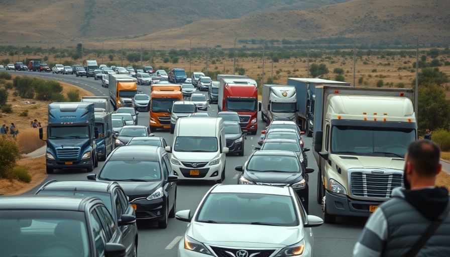 Congested vehicles on rural road amidst Armenia-Azerbaijan peace trade routes.