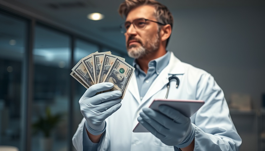 Physician in white coat holding money, symbolizing starting salaries.