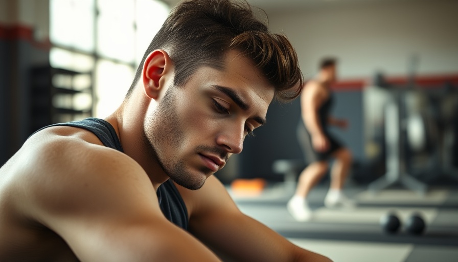 Exhausted man resting after workout, gym, natural light.