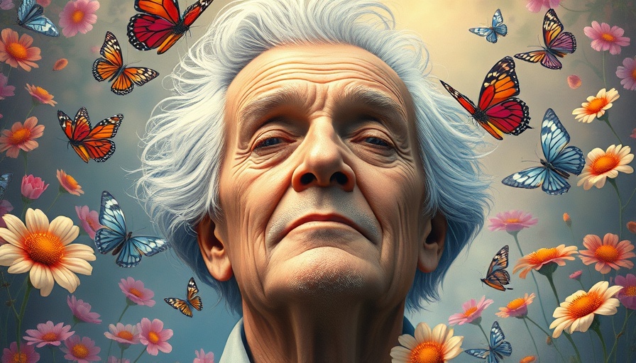 Serene man with colorful hair, eyes closed, surrounded by butterflies and flowers, dreamlike illustration.