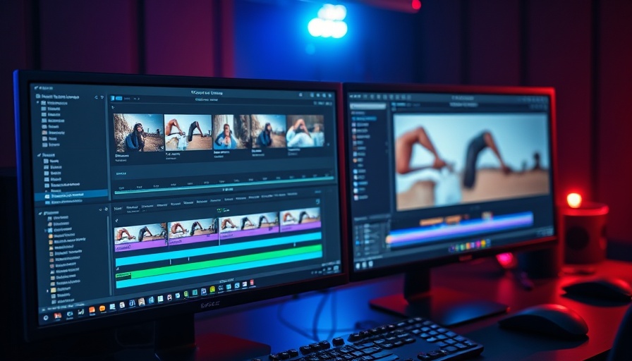 Free video editor interface with dual screens and editing timeline.