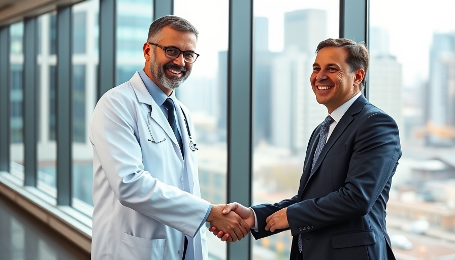 Healthcare leadership changes depicted by a doctor and businessman meeting and shaking hands in a modern office setting.
