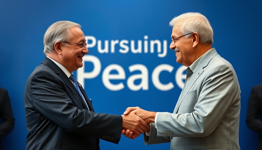 Two leaders shaking hands at peace event, blue backdrop.