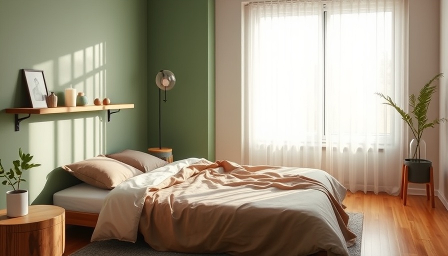 Minimalist cozy bedroom with green wall for remote workspace.