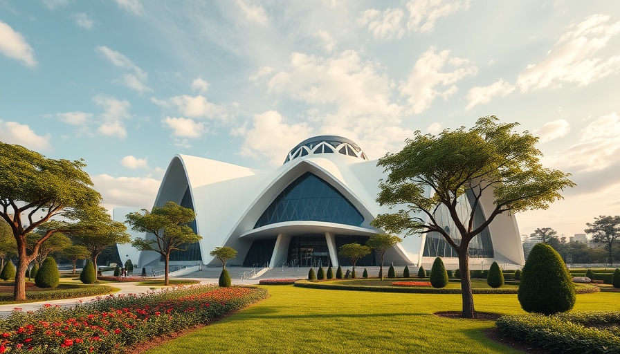 Futuristic cathedral design by Adjaye Associates, lush landscape