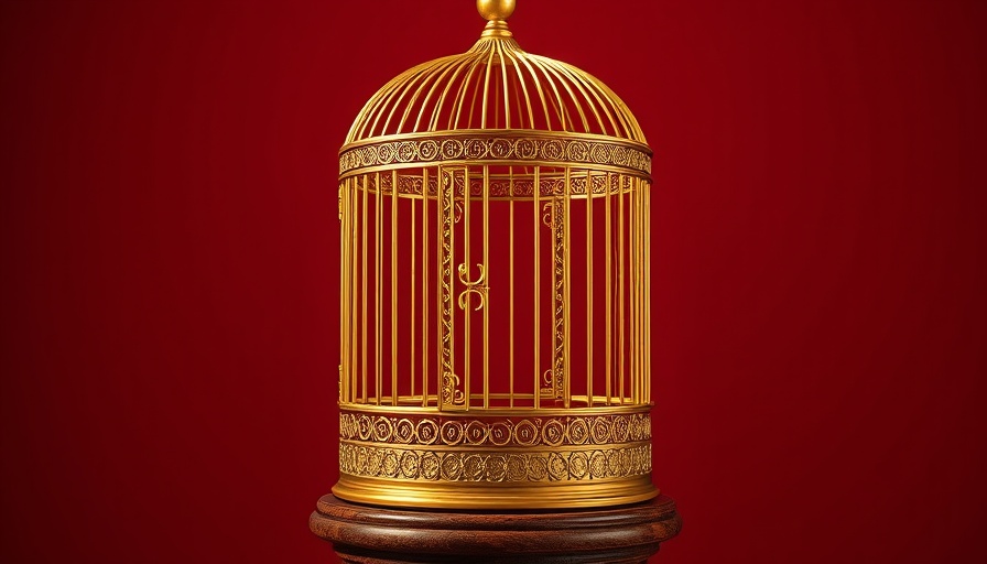 Elegant gold birdcage with open door on red background.