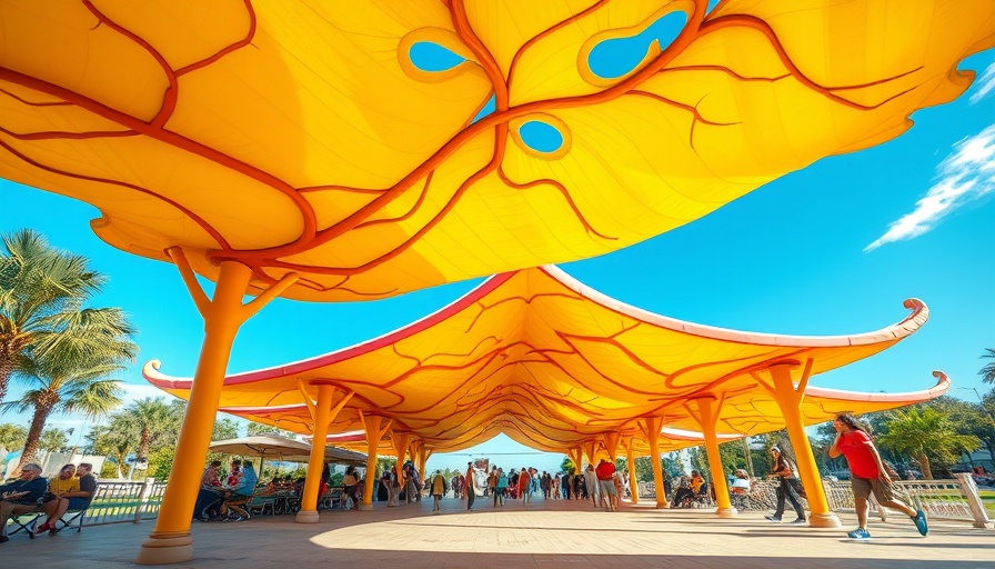 Colorful algae pavilion with people enjoying the space.