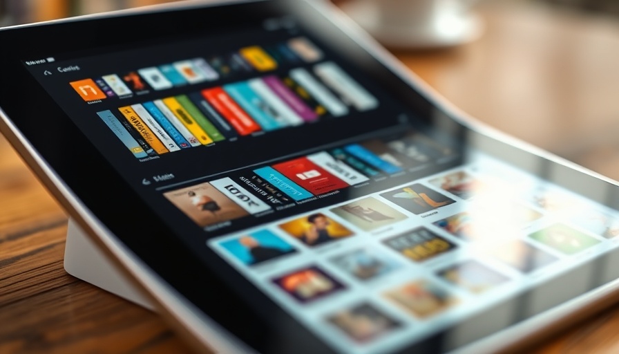 Tablet e-book library partially covered by e-reader, vibrant display.