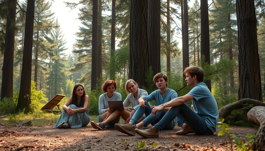 Remote workspaces: Outdoor gathering under canopy in forest setting.